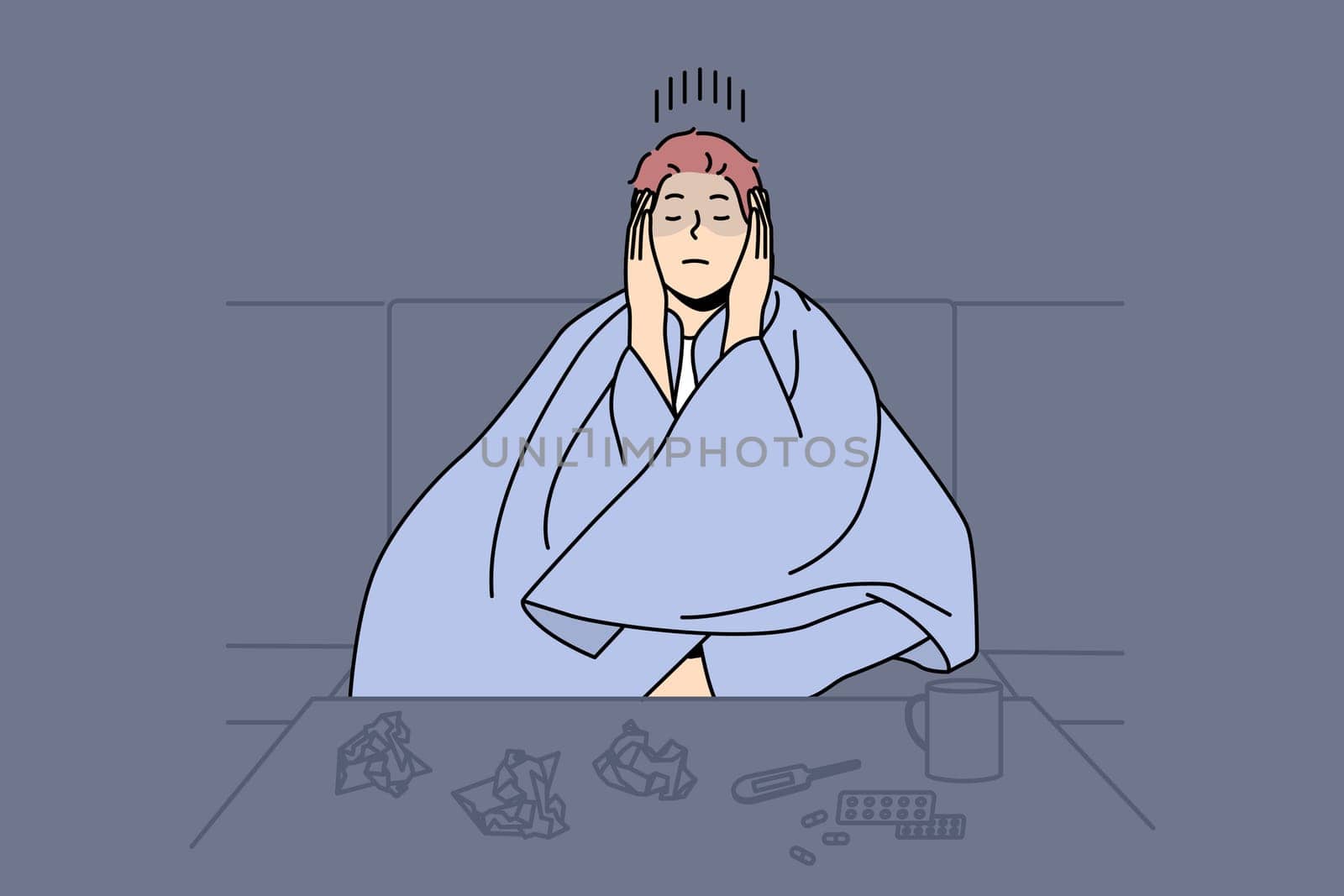 Man sitting in blanket struggle with cold or influenza. Unhealthy male suffer from covid or flu taking meds relaxing at home. Healthcare and medicine. Vector illustration.