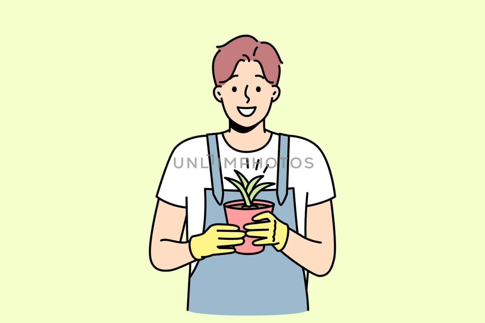 Smiling male in gloves and apron holding plant in pot. Happy gardener enjoy botanical floral hobby. Horticulture and gardening. Vector illustration.