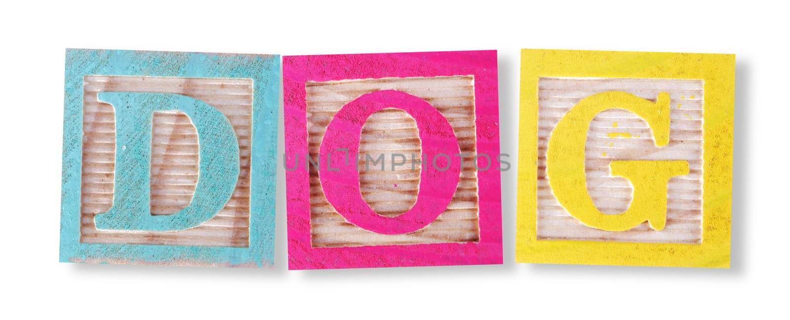 A dog concept with childs wood blocks on white with clipping path to remove shadow