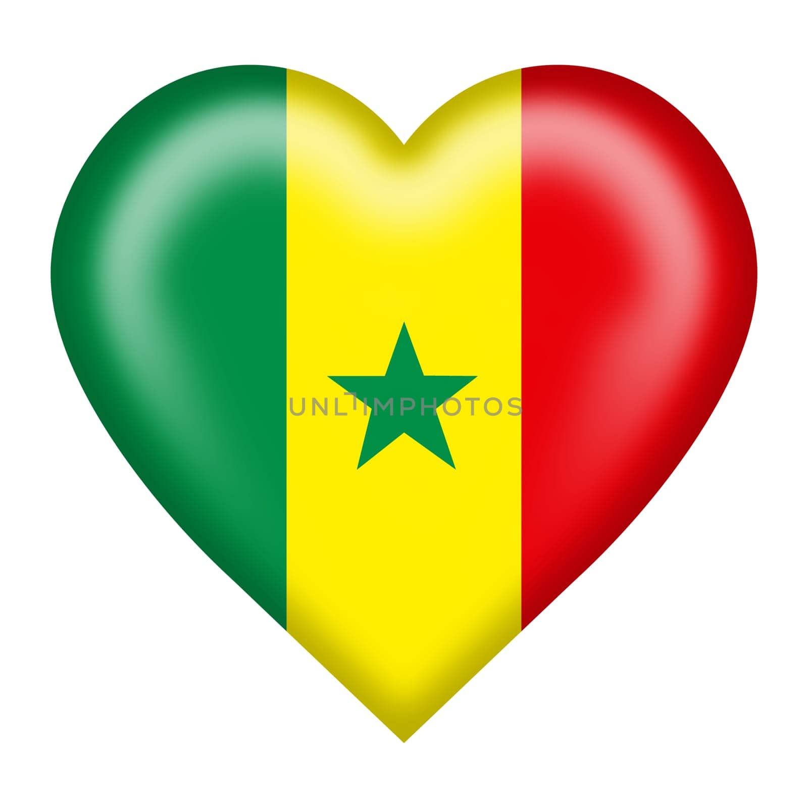 A Senegal flag heart button isolated on white with clipping path 3d illustration