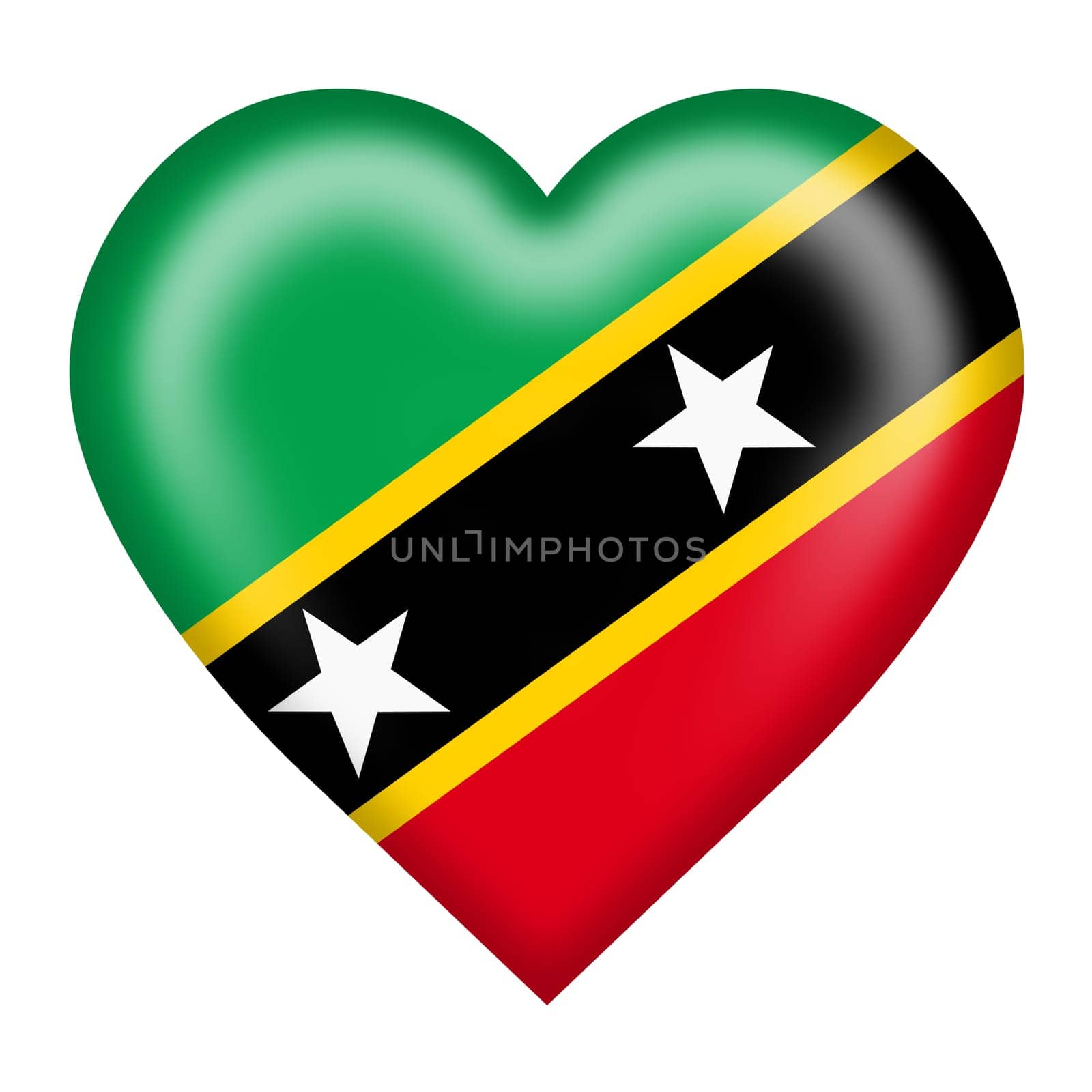 A Saint Kitts and Nevis flag heart button isolated on white with clipping path 3d illustration