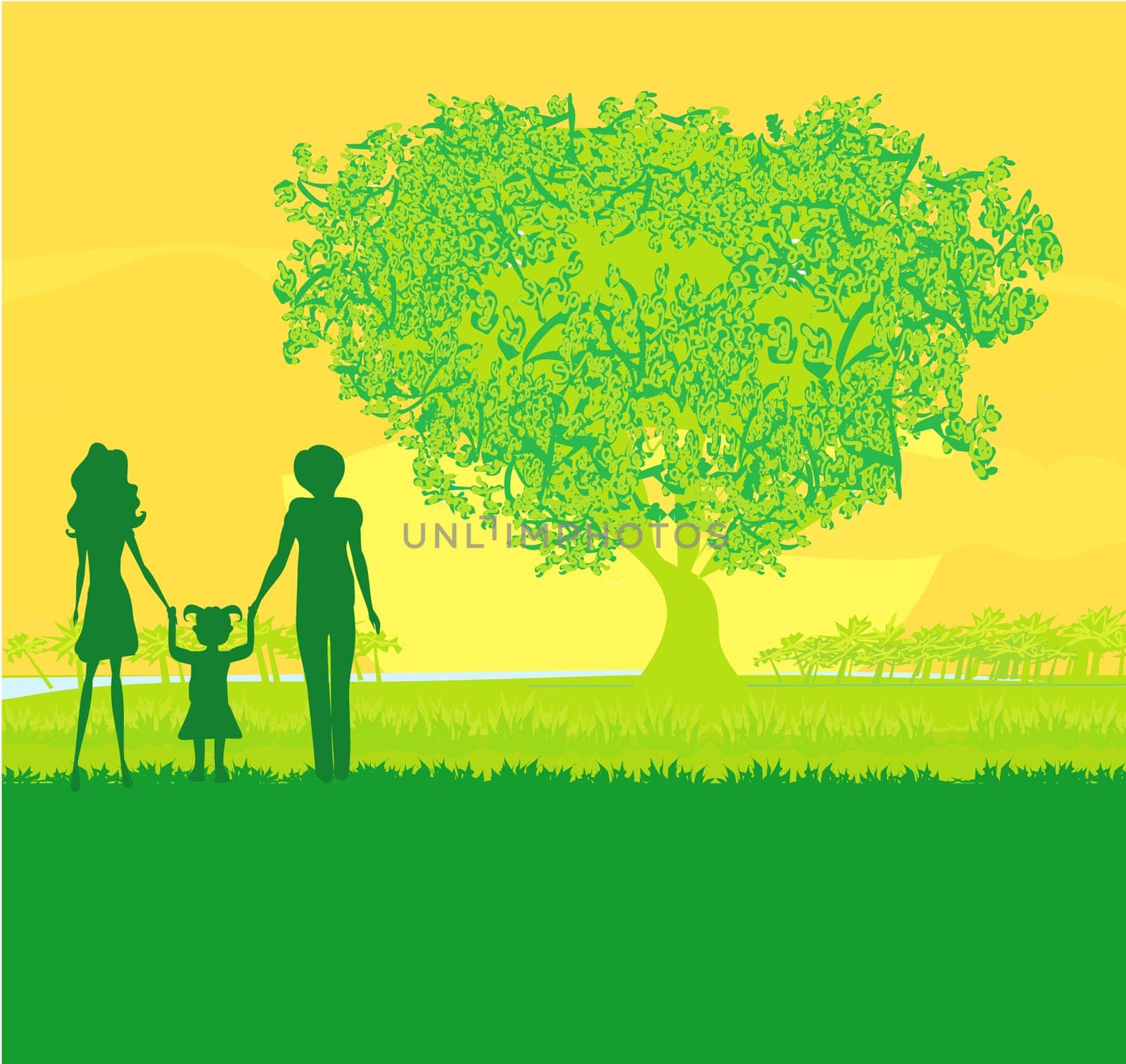 Happy family walks on nature, sunset