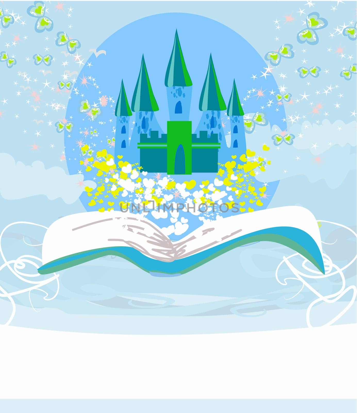 Magic world of tales, fairy castle appearing from the book