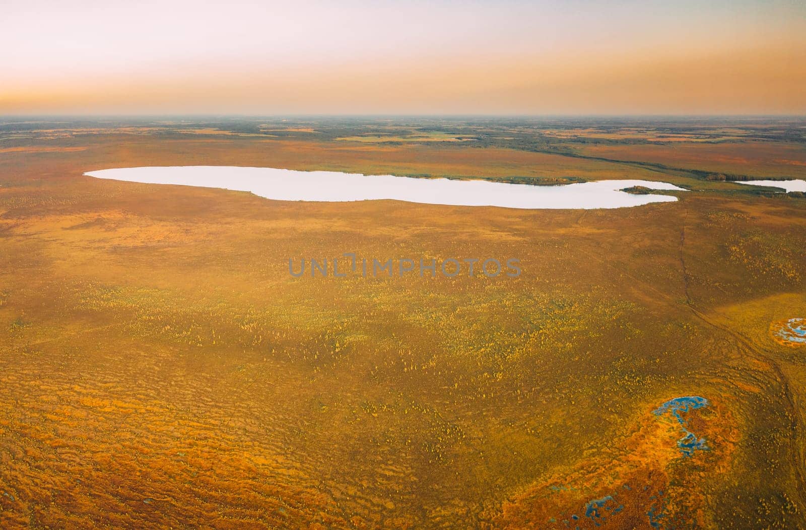 Miory District, Vitebsk Region, Belarus. The Yelnya Swamp. Upland And Transitional Bogs With Numerous Lakes. Elevated Aerial View Of Yelnya Nature Reserve Landscape. Famous Natural Landmark.