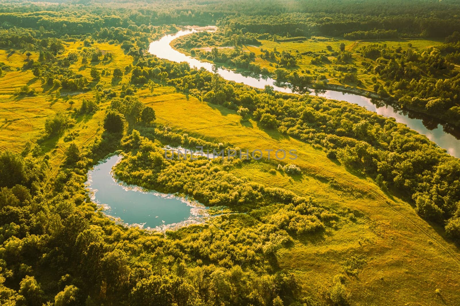 Belarus. Elevated View Of Small Bog Marsh Swamp Wetland, River And Green Forest Landscape In Sunny Summer Day. Attitude View. Forest In Bird's Eye View.
