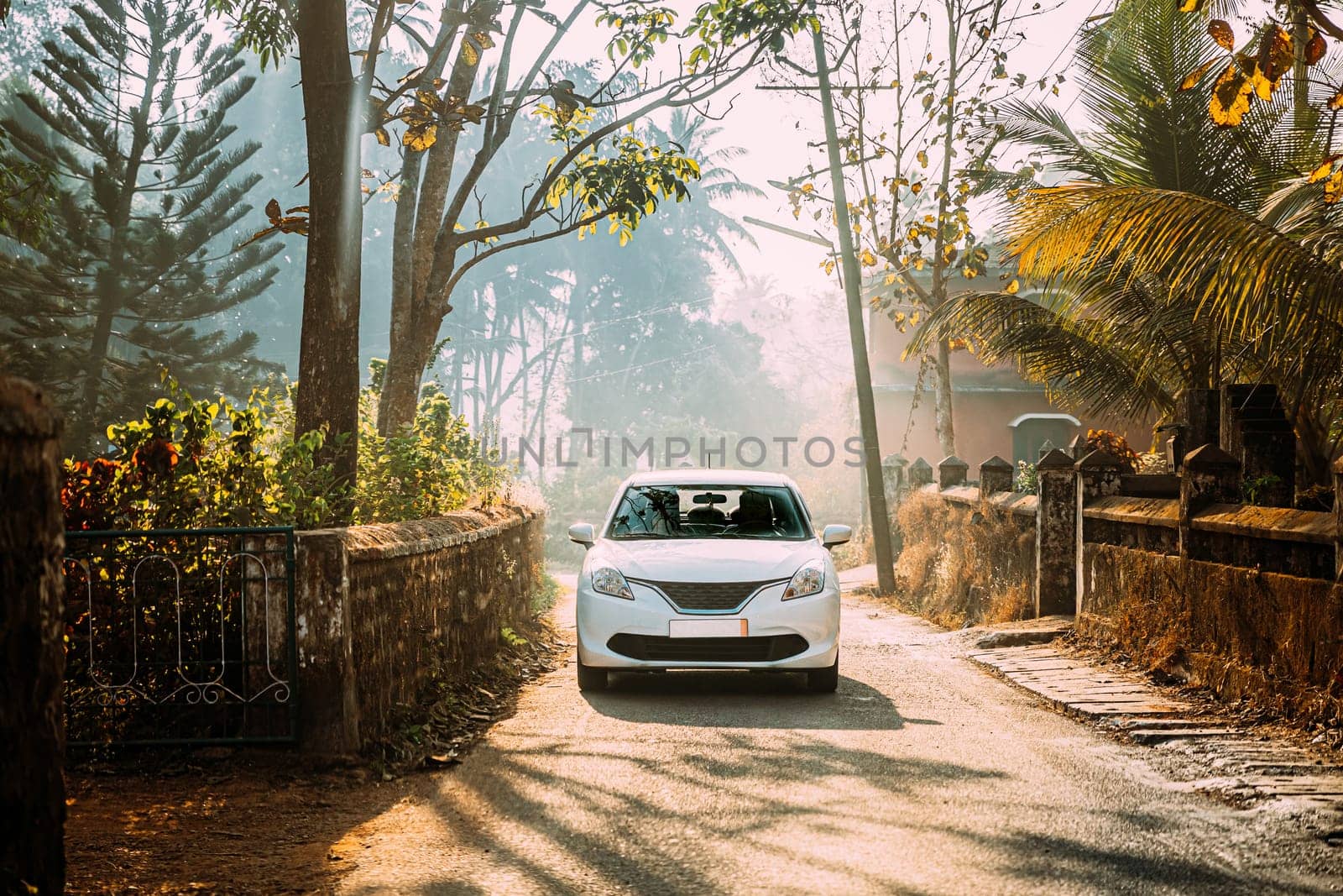Goa, India. White Small Car Moving On Country Road Through An Indian Village. Morning Dawn Haze Enveloped Palm Trees.
