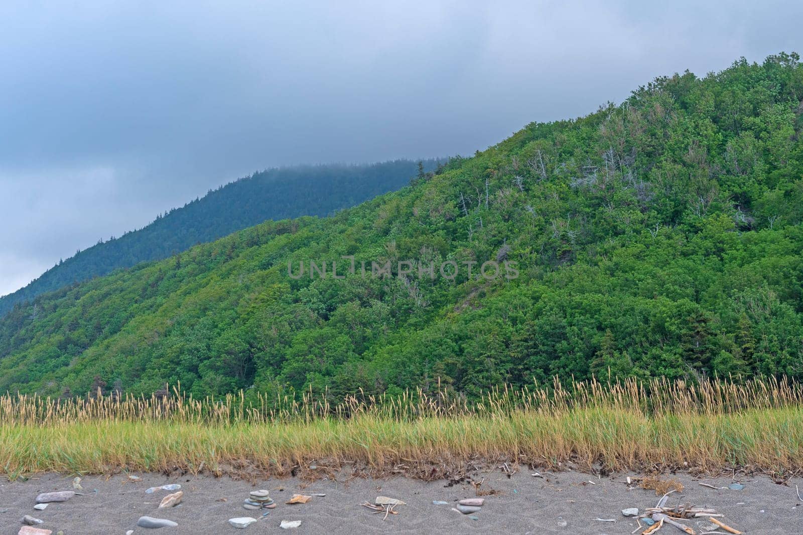 Cloudy, Green Hillsides Along the Coast in Cape Breton Highlands National Park in Nova Scotia