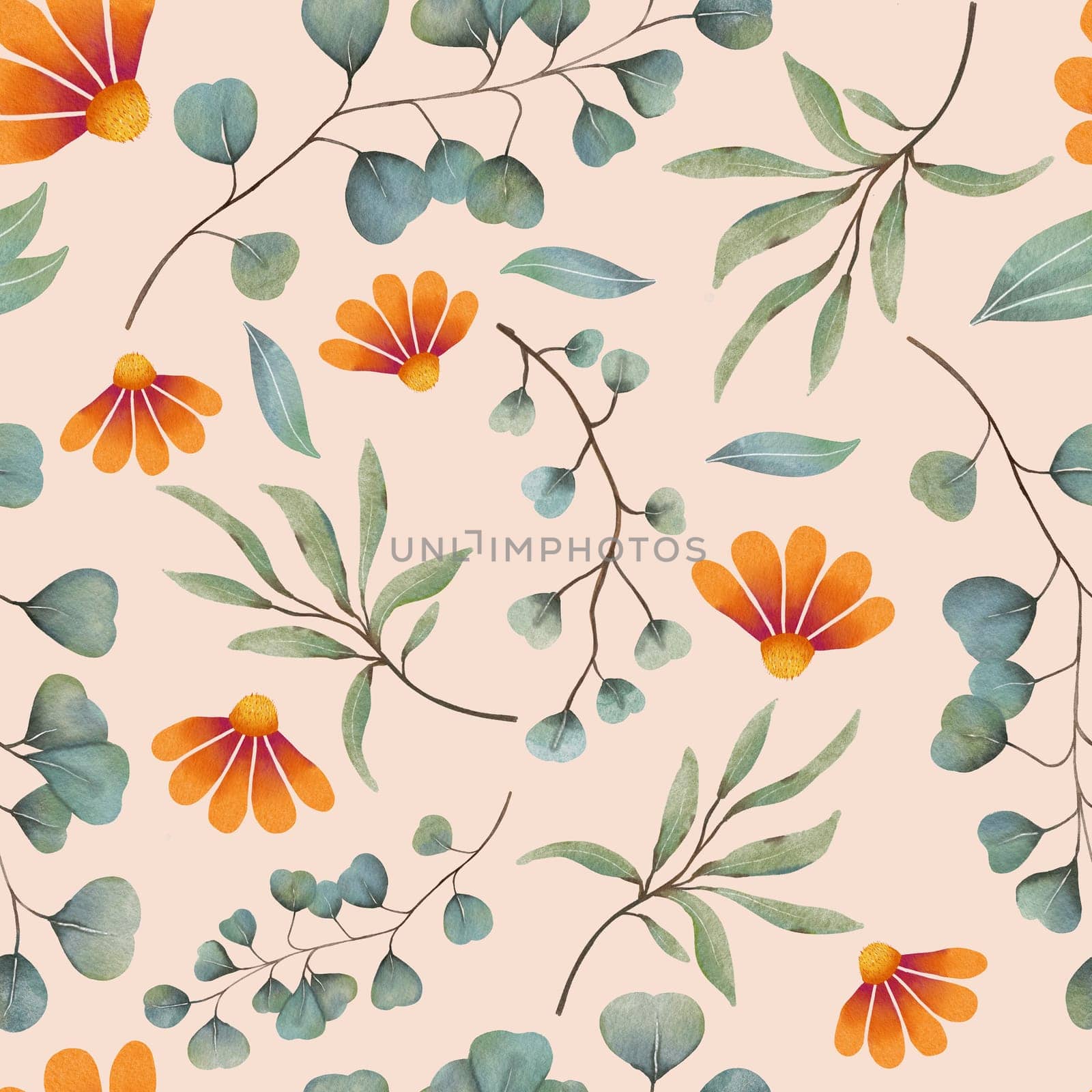 Eucalyptus and flower seamless watercolor pattern illustration on light orange background
