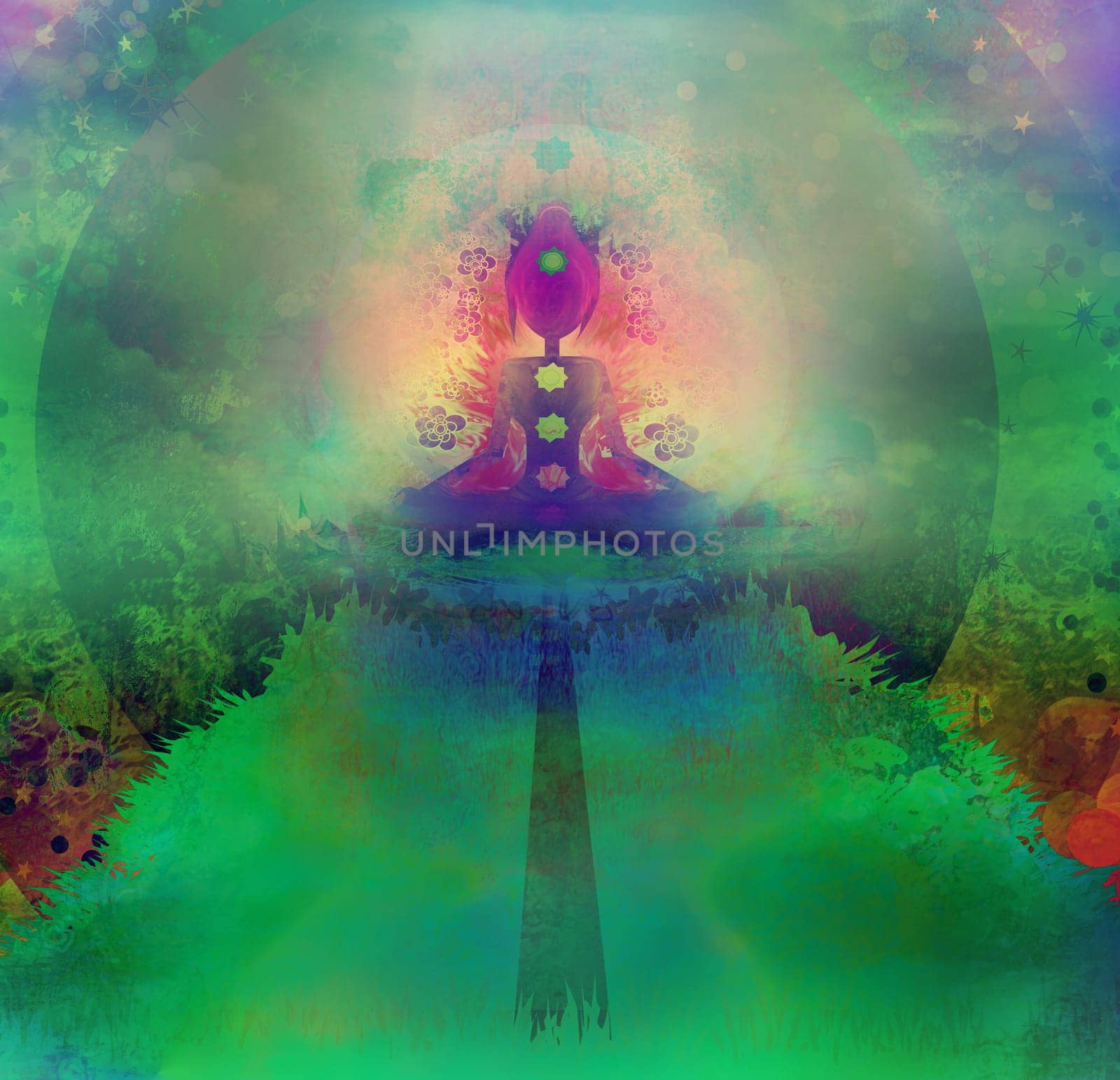 Yoga lotus pose. Padmasana with colored chakra points.