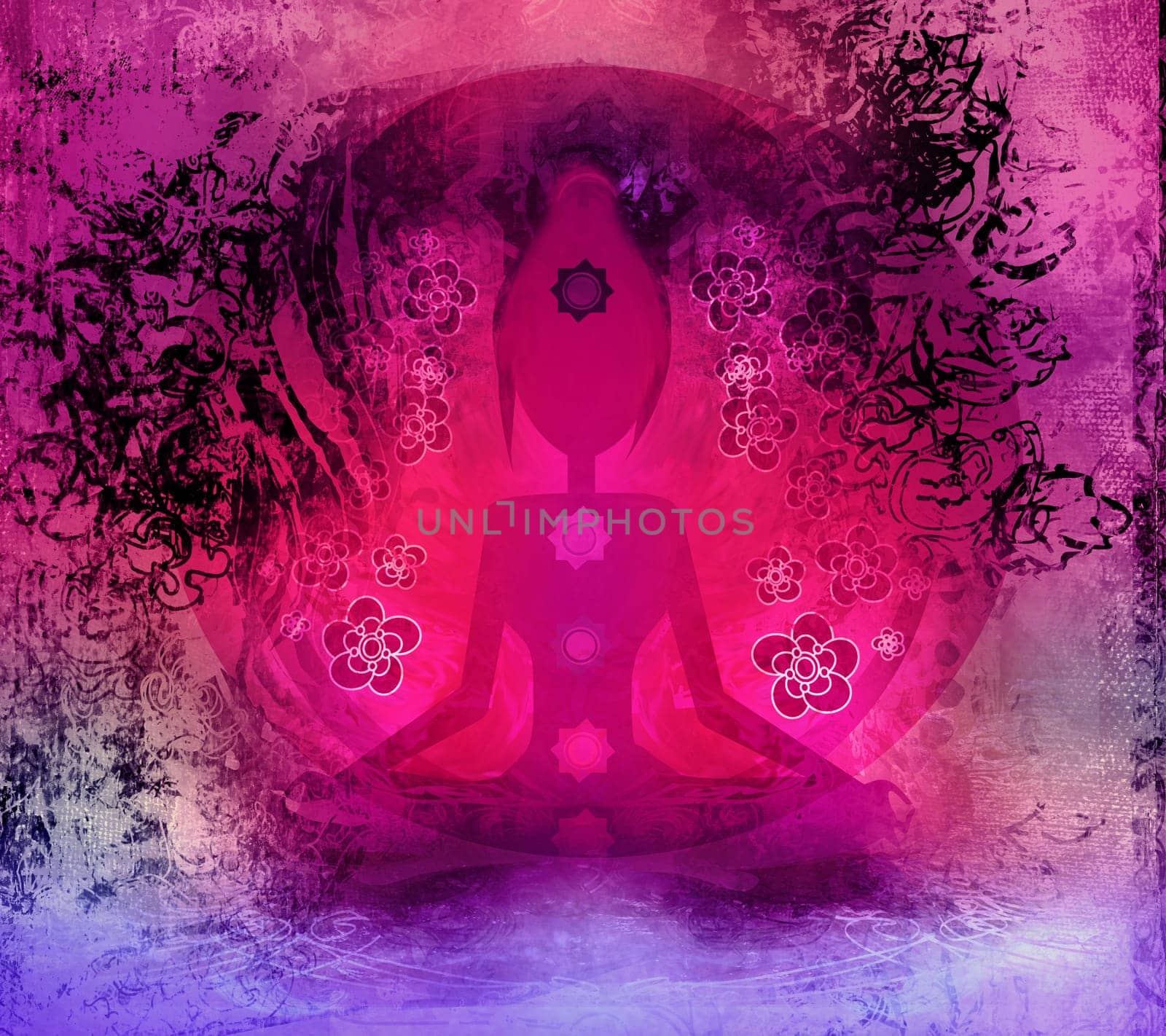 Yoga lotus pose. Padmasana with colored chakra points.