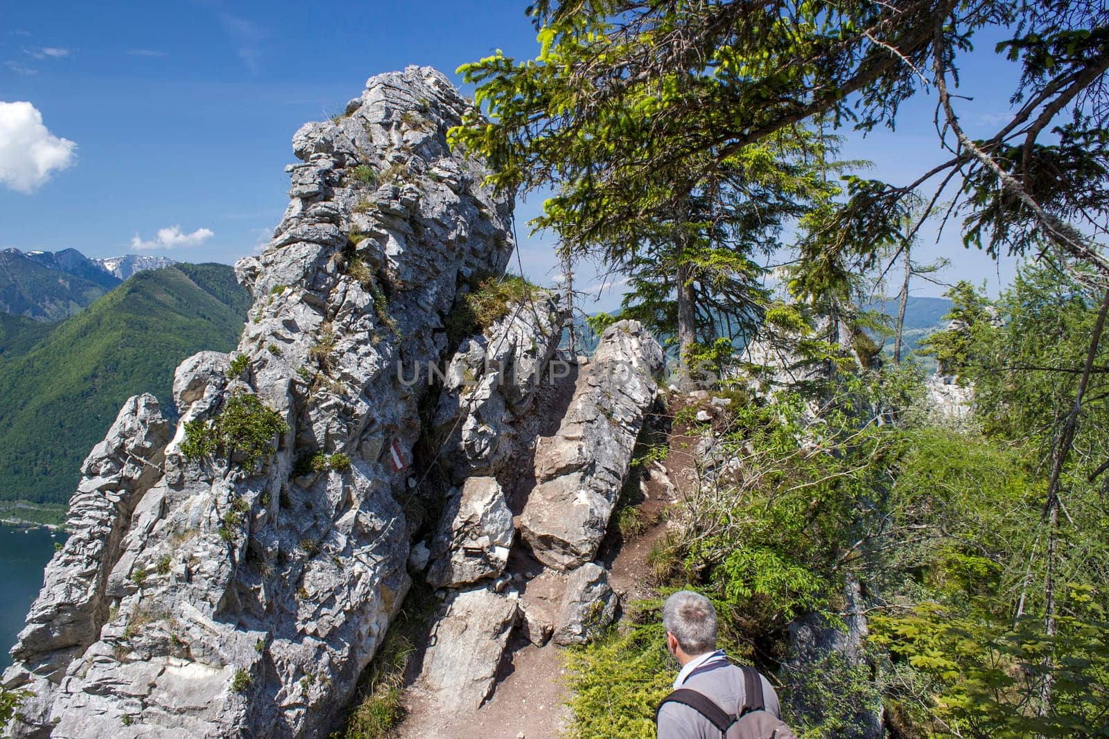 hiker in the Alps mountain, hill Kleiner Schonberg. Austria landscape. Upper Austria, Austria