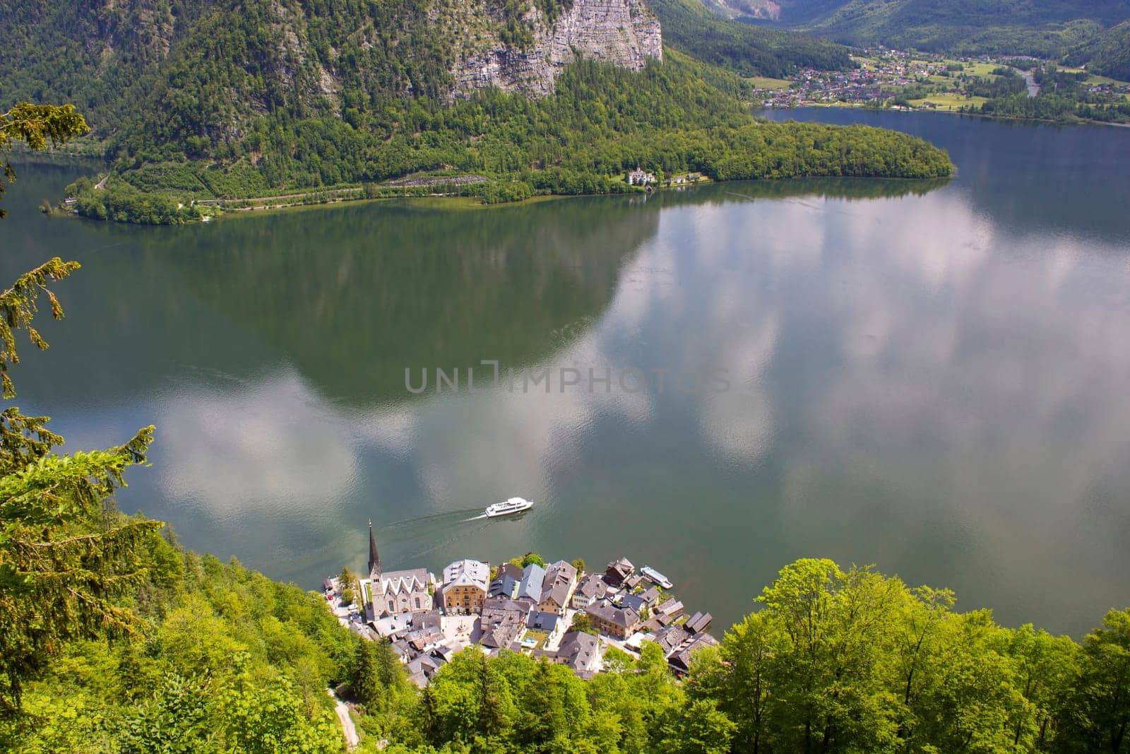 Aerial View of a Hallstatt village with a Hallstatt Lake in Austria.