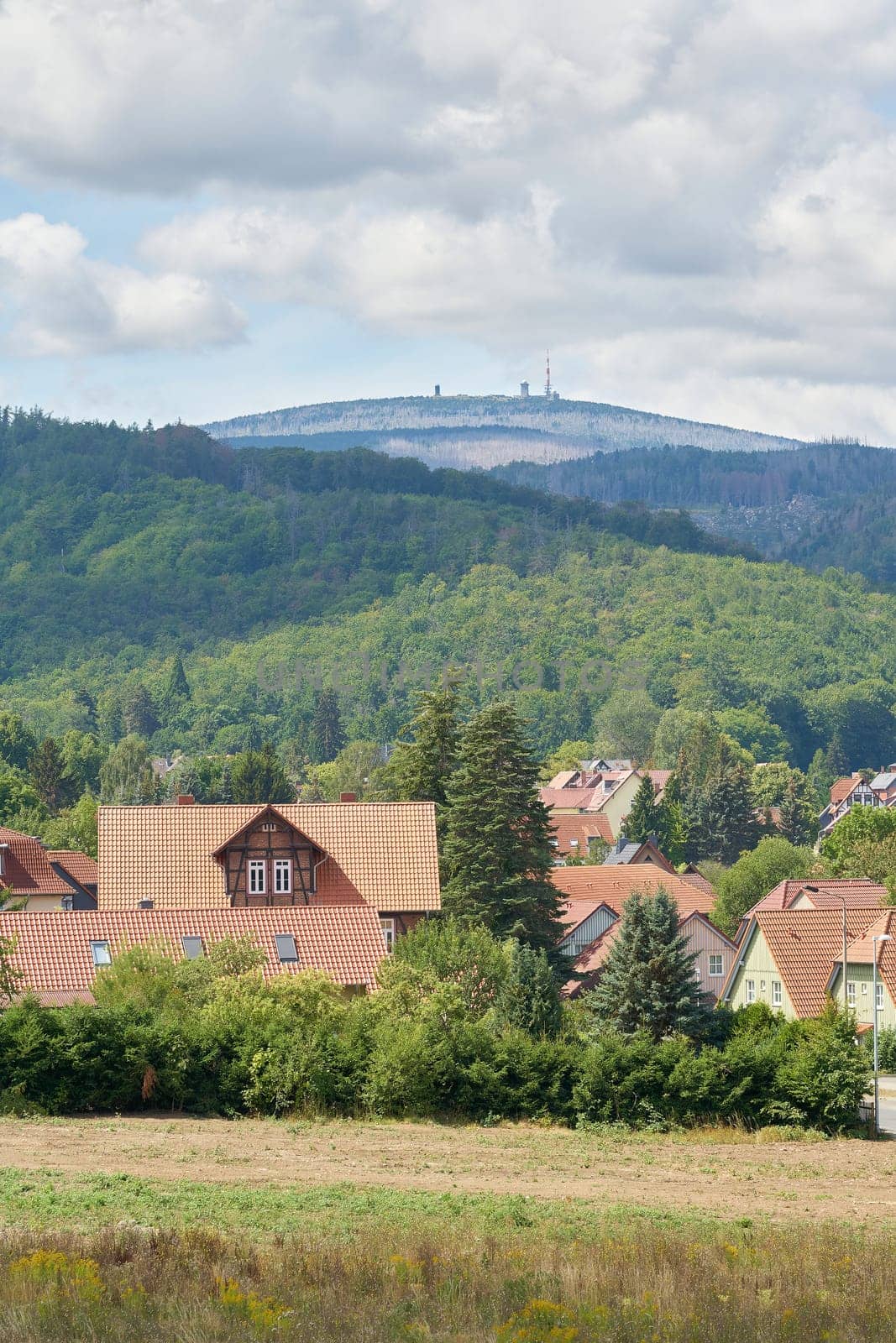 Houses in Hasserode, a district of Wernigerode. In the background the summit of the Brocken in the Harz National Park.