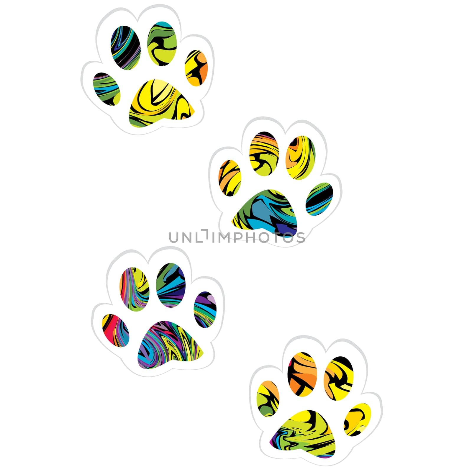 Colored pet paw prints isolated on white background