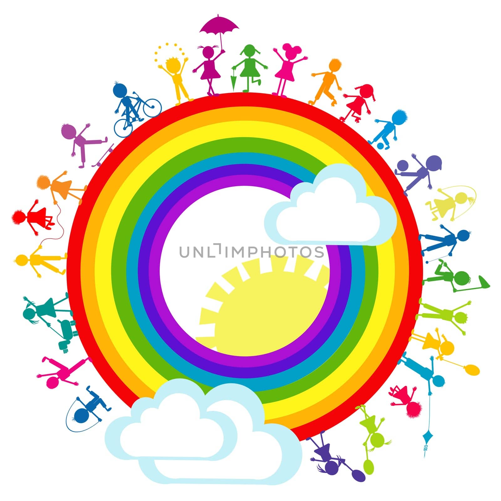 Background with hand drawn colored stylized kids around rainbow