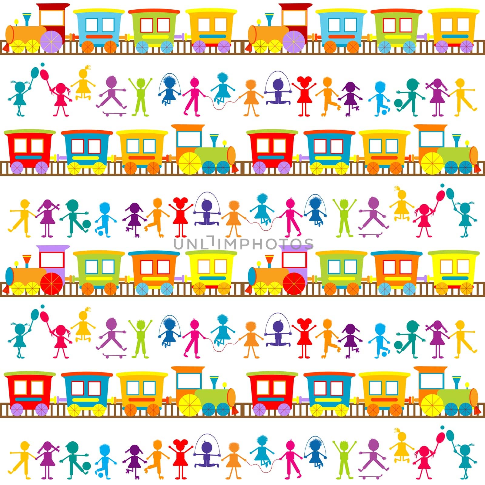 Background for kids with cartoon stylized hand drawn colored children and trains