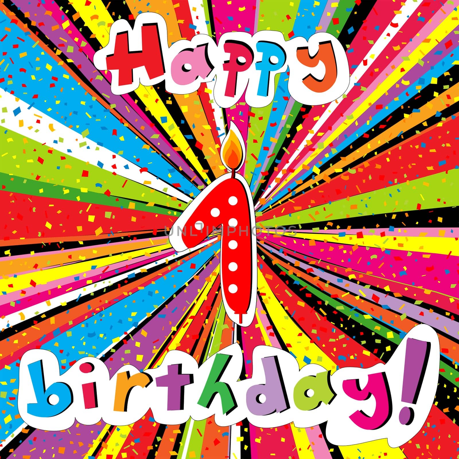 Happy Birthday greeting card, 1 anniversary with number one candle and confetti over a colorful sunburst background