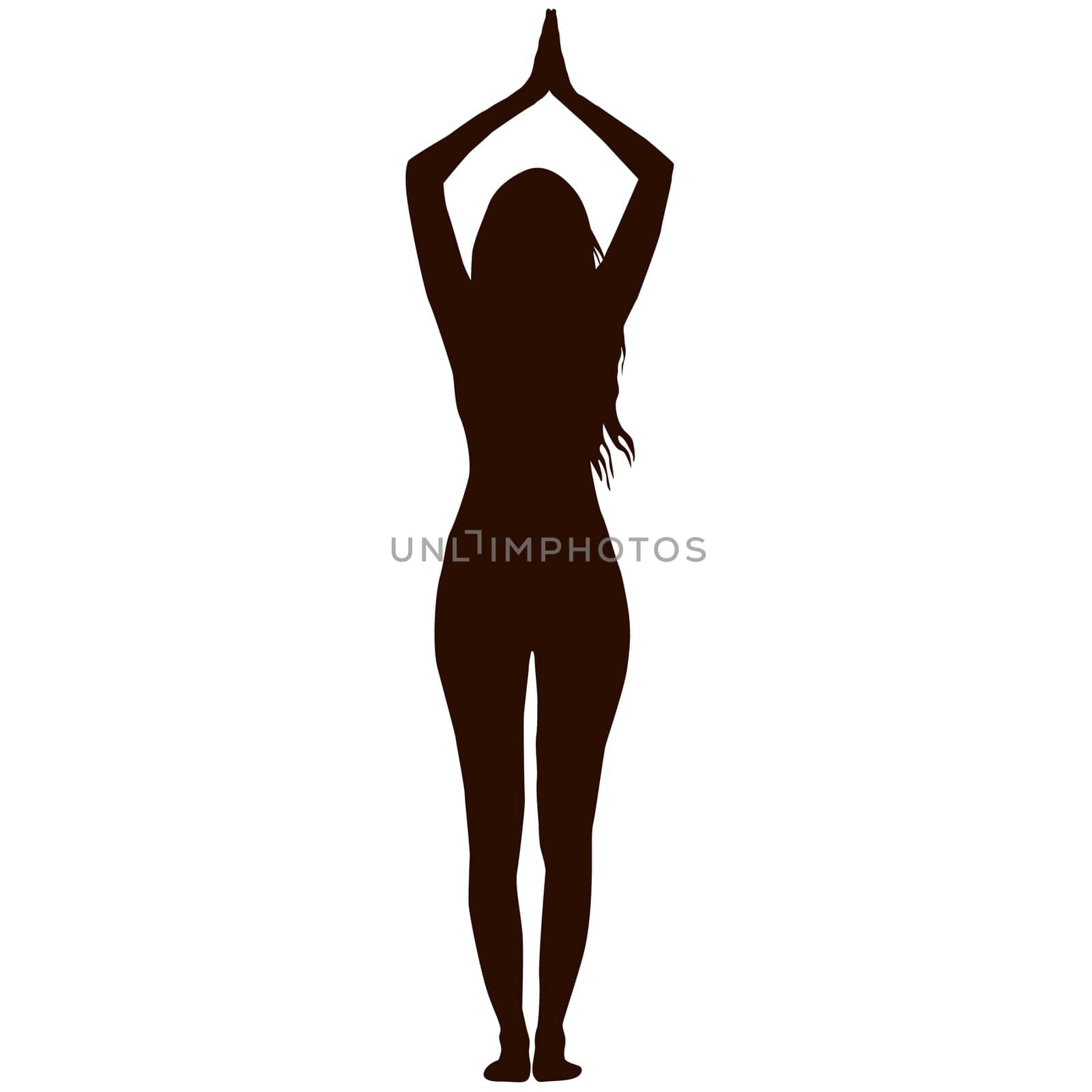 Silhouette of a woman with long hair practicing yoga in a standing position