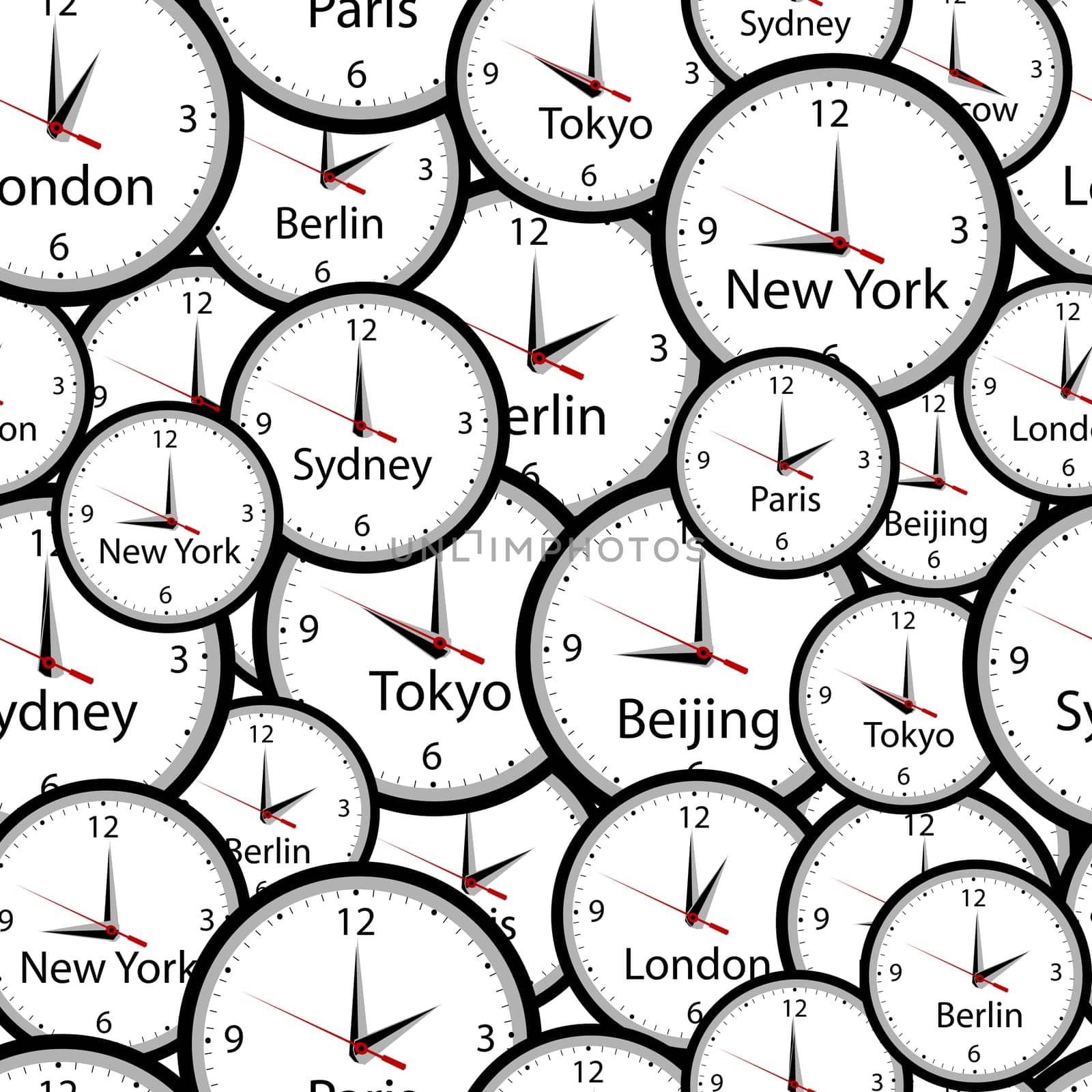 Seamless pattern with wall clocks and time in different cities