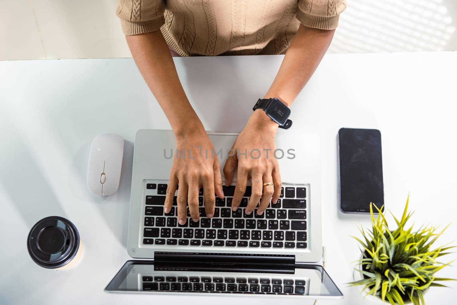 Typing keyboard. Female person text message for new project she remote work on computer, Closeup Hands of business woman over laptop keypad during working at desk, teen chat online with friend