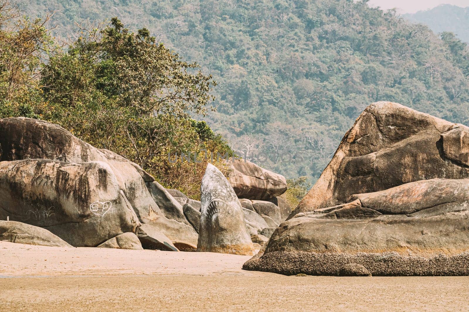 Anjadip, Goa, India. Big Cobblestones Standing On Famous Palolem Beach In Summer Sunny Day.