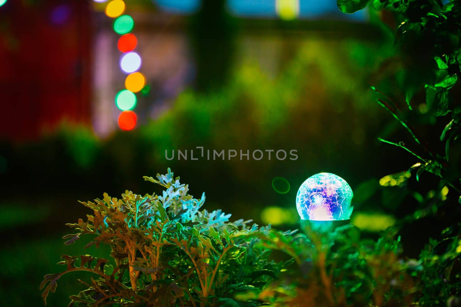 Night View Of Flowerbed Illuminated By Energy-Saving Solar Powered Colorful Multi-colored Lantern On Yard. Beautiful Small Garden With Blue And Green Light, Lamp In Flower Bed. Garden Design.