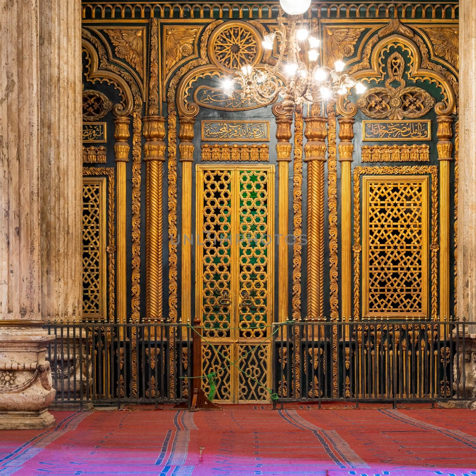 Tomb -Shrine - of Muhammad Ali Pasha with floral and geometric pattern golden decorations, at the great Mosque of Muhammad Ali - Alabaster Mosque - situated in the Citadel of Cairo in Egypt