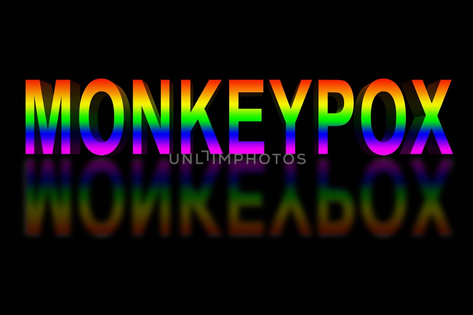 The inscription Monkeypox on a black mirror background painted in the colors of the flag of the LGBTQ communities