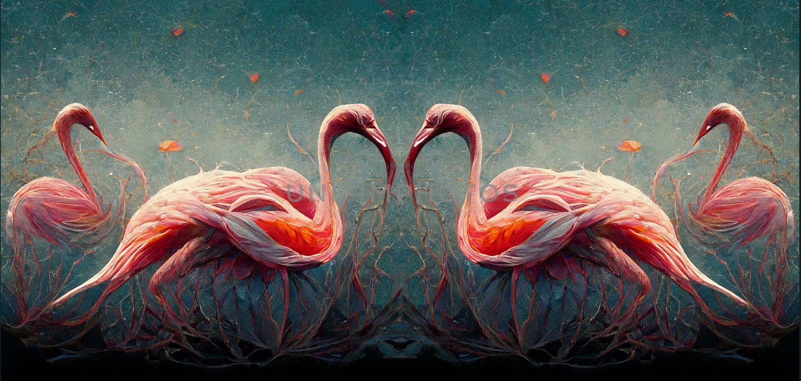 Illustration of flamingos, tropical birds with colorful pink feathers standing in a lake