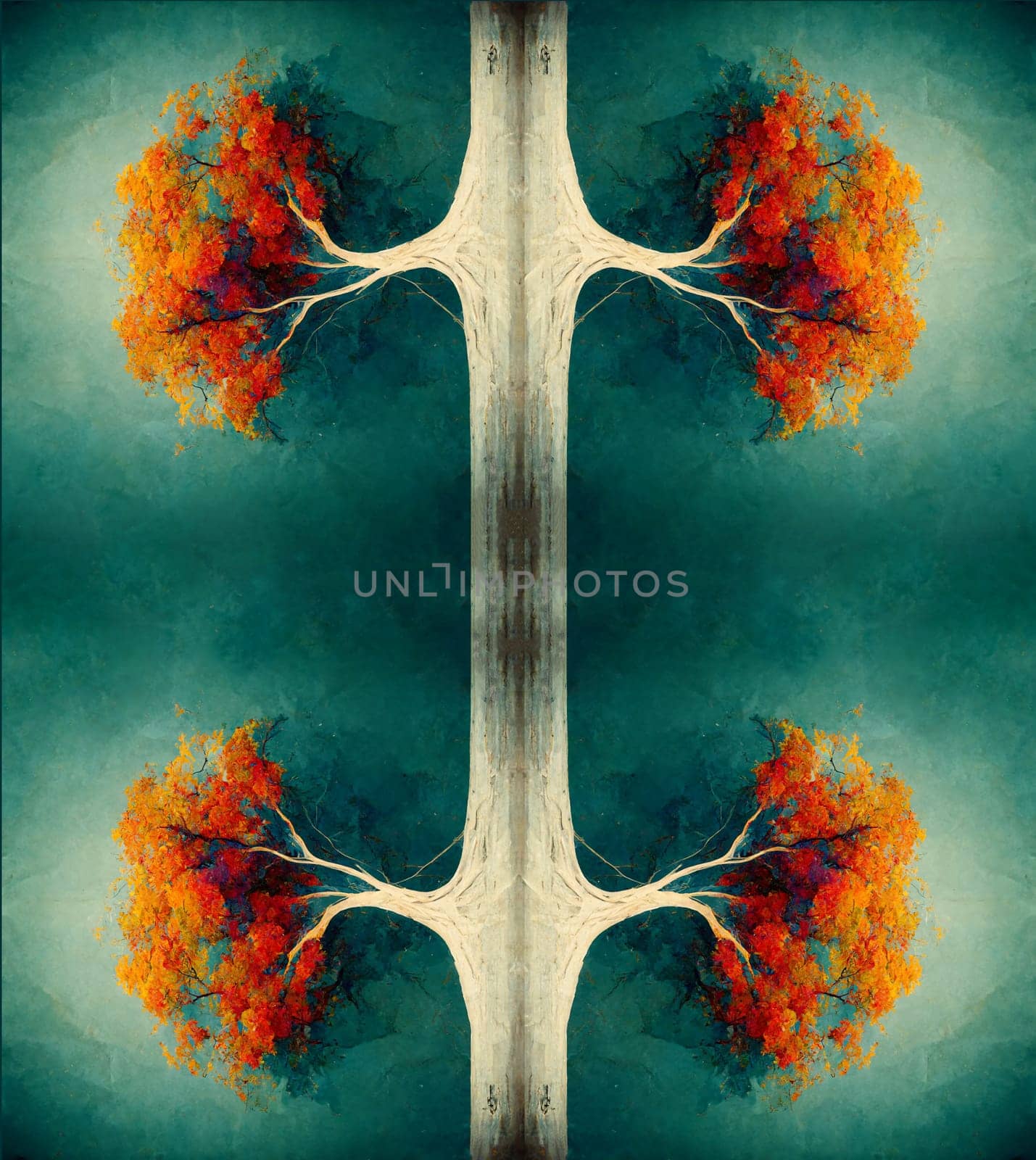 Illustration of a lonely roadway through an autumn colored forest next to the sea, woodland from above, orange trees in the fall