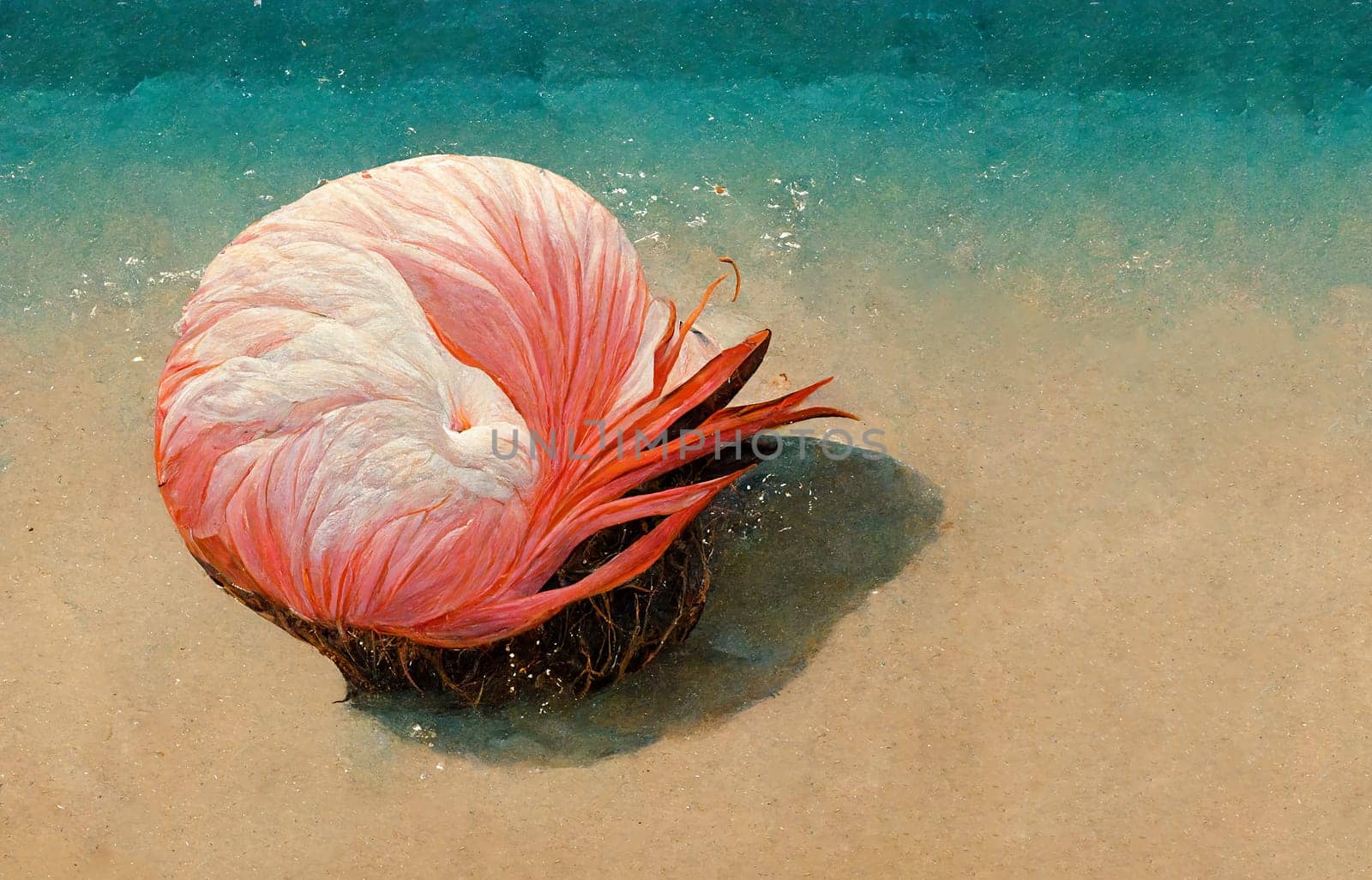 Exotic sea life on a holiday beach, pink colored shell, vacation in the caribbean, abstract flamingo illustration