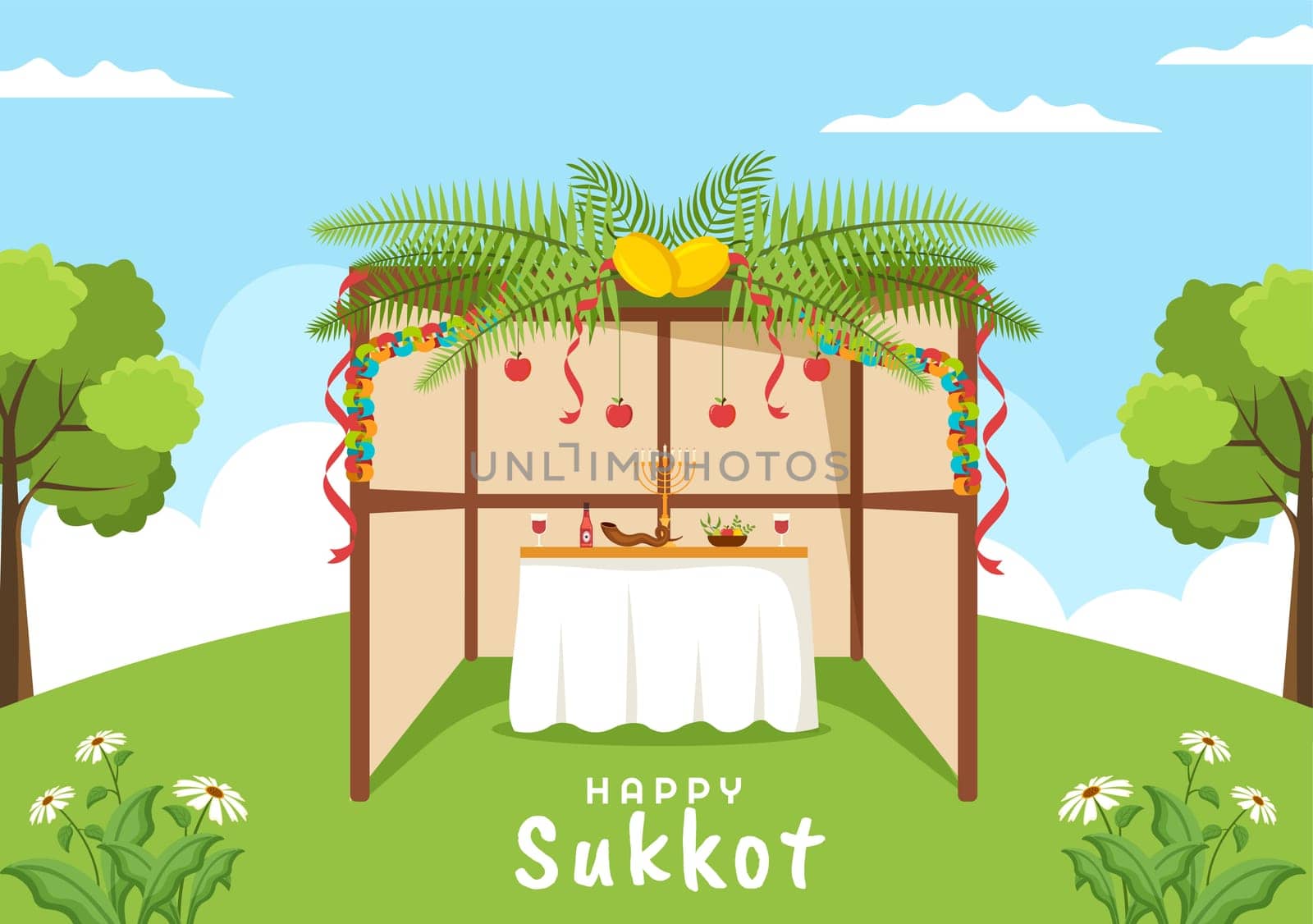 Happy Jewish Holiday Sukkot Hand Drawn Cartoon Flat Illustration with Sukkah, Etrog, Lulav, Arava, Hadas and Decoration Background Design