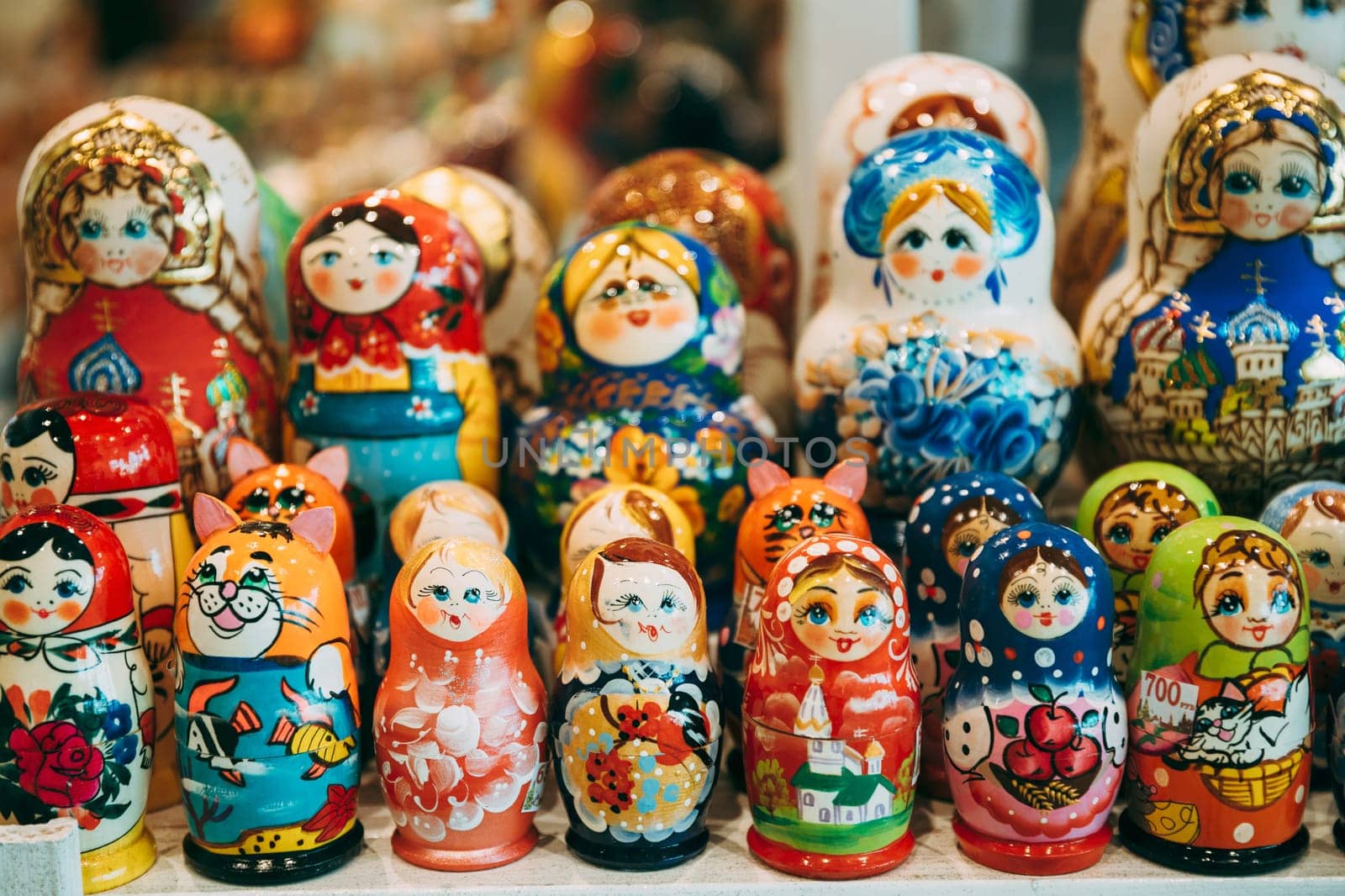 Colorful Russian Nesting Dolls Matreshka At Market. Matrioshka Babushka Are Most Popular Souvenir From Russia.
