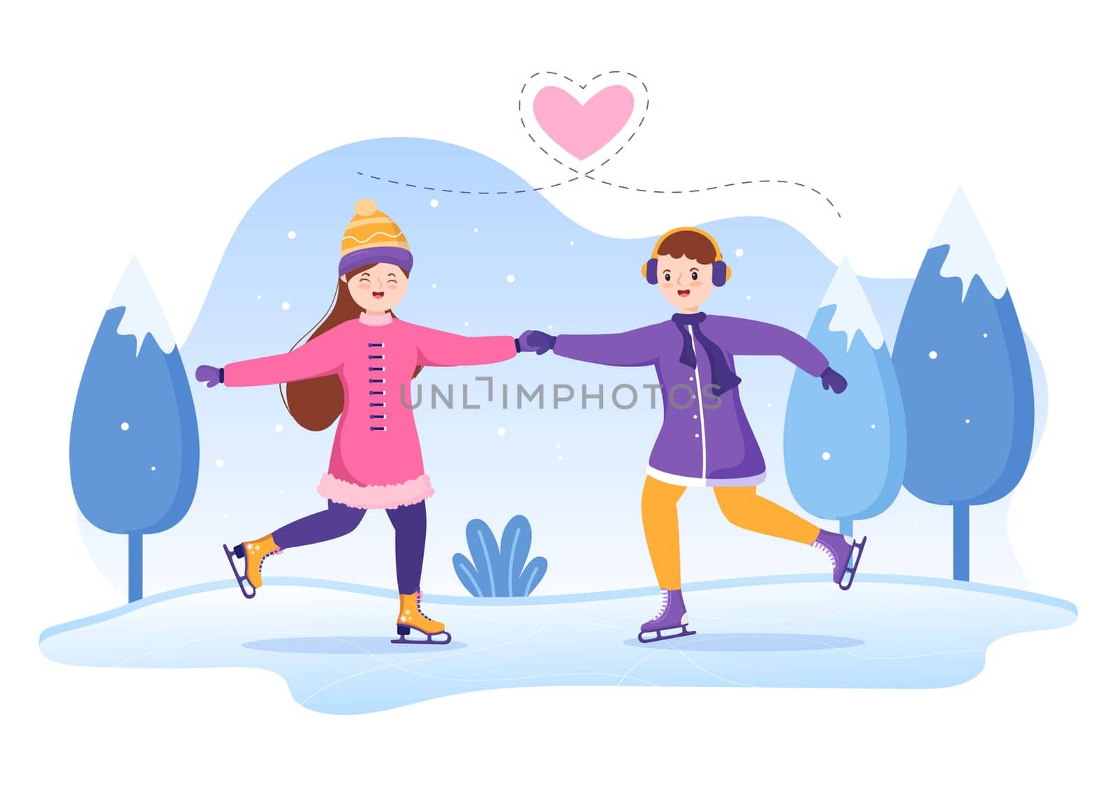 Ice Skating Hand Drawn Cartoon Flat Illustration of Winter Fun Outdoors Sport Activities on Ice Rink with Seasonal Outerwear