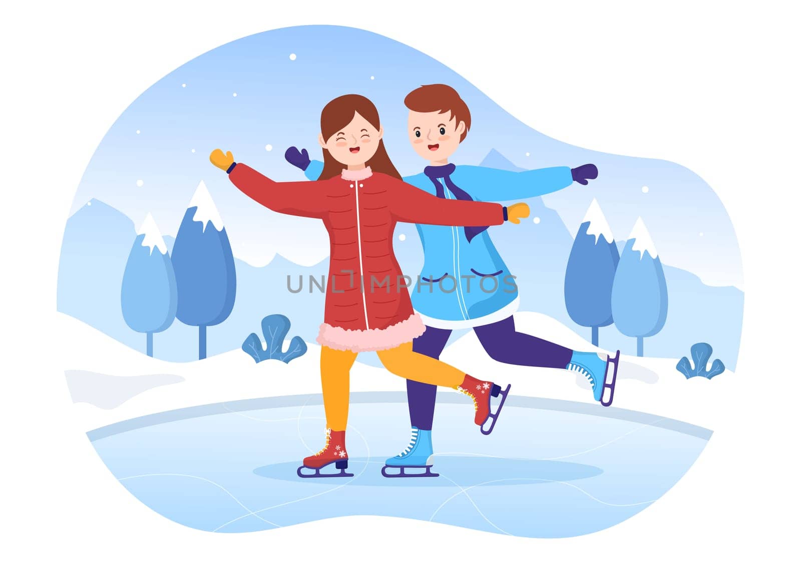 Ice Skating Hand Drawn Cartoon Flat Illustration of Winter Fun Outdoors Sport Activities on Ice Rink with Seasonal Outerwear