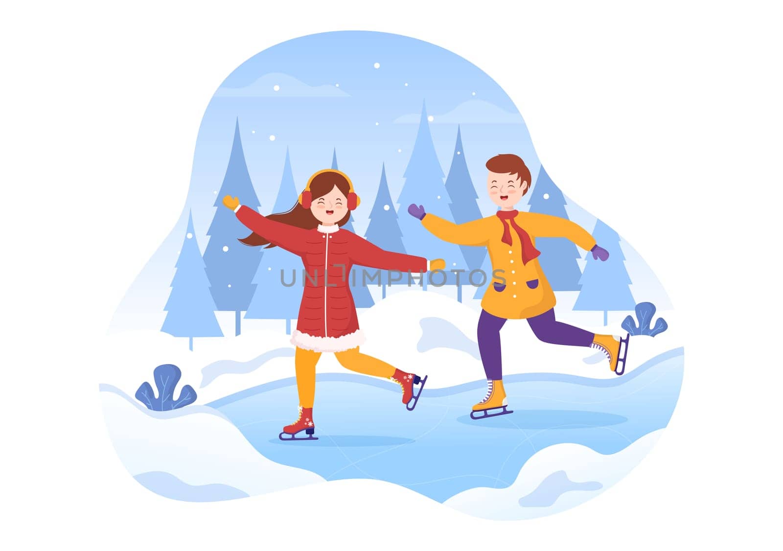 Ice Skating Hand Drawn Cartoon Flat Illustration of Winter Fun Outdoors Sport Activities on Ice Rink with Seasonal Outerwear