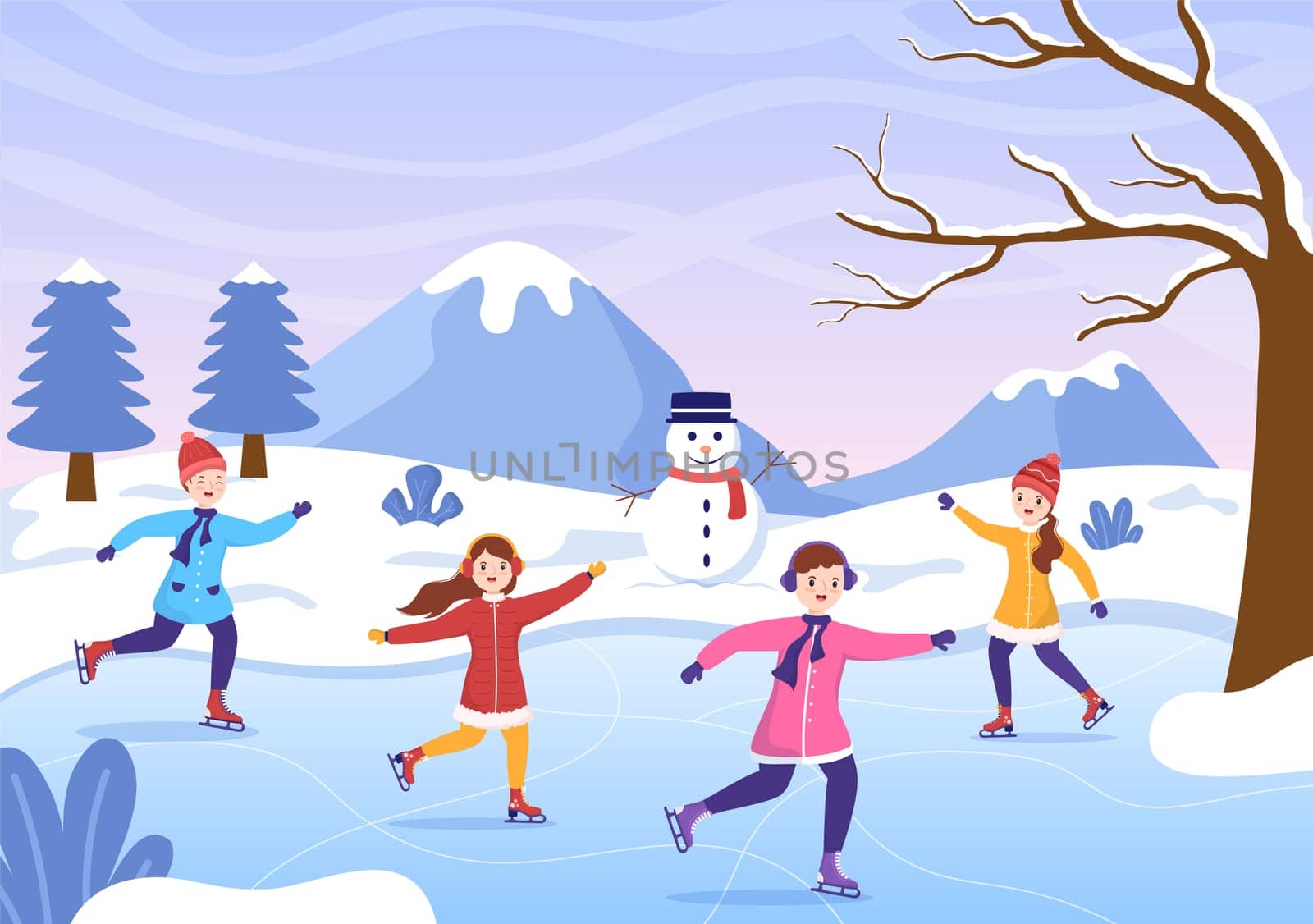 Ice Skating Hand Drawn Cartoon Flat Illustration of Winter Fun Outdoors Sport Activities on Ice Rink with Seasonal Outerwear