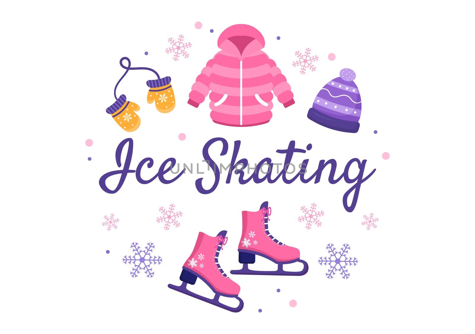 Ice Skating Hand Drawn Cartoon Flat Illustration of Winter Fun Outdoors Sport Activities on Ice Rink with Seasonal Outerwear