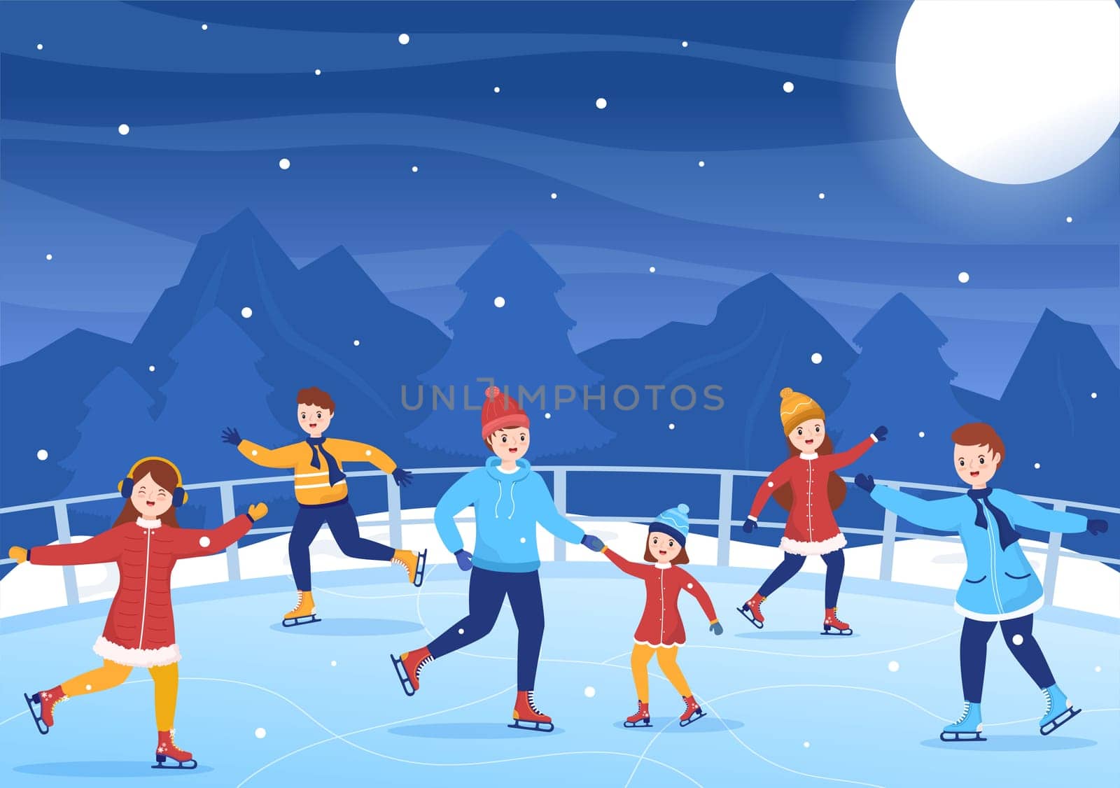 Ice Skating Hand Drawn Cartoon Flat Illustration of Winter Fun Outdoors Sport Activities on Ice Rink with Seasonal Outerwear