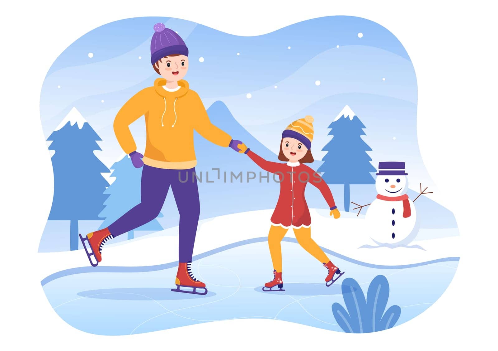 Ice Skating Hand Drawn Cartoon Flat Illustration of Winter Fun Outdoors Sport Activities on Ice Rink with Seasonal Outerwear