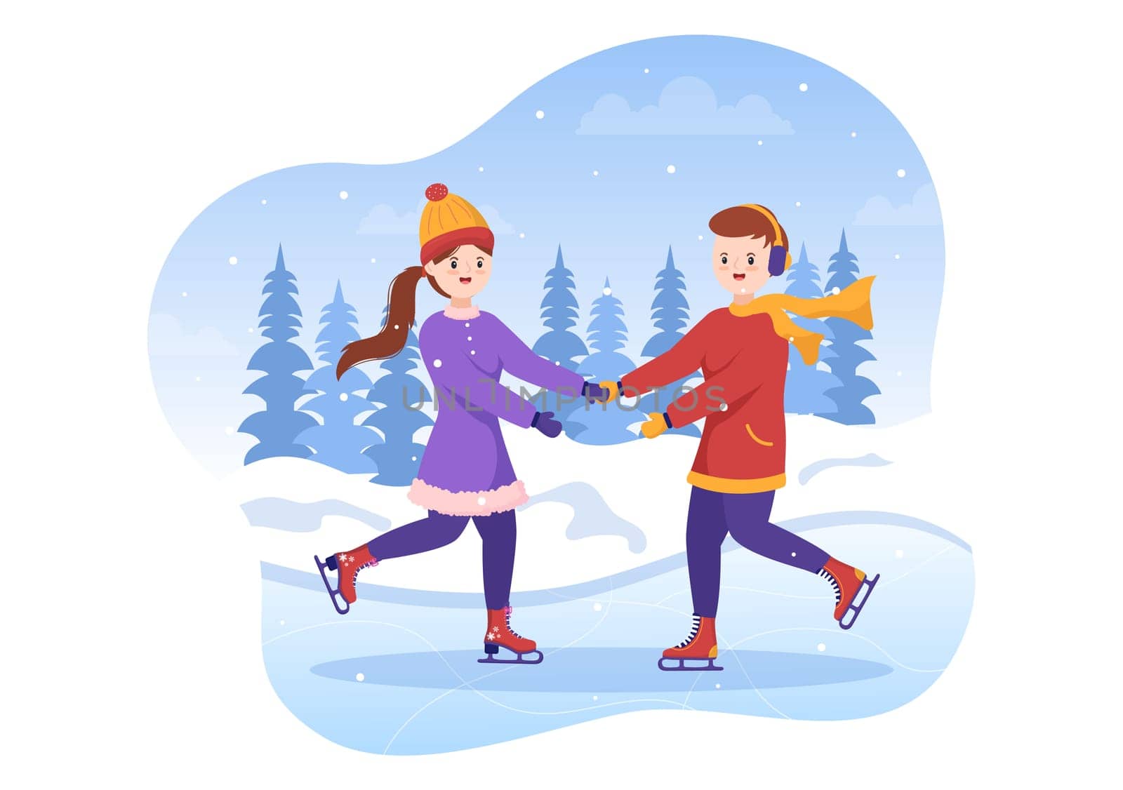 Ice Skating Hand Drawn Cartoon Flat Illustration of Winter Fun Outdoors Sport Activities on Ice Rink with Seasonal Outerwear