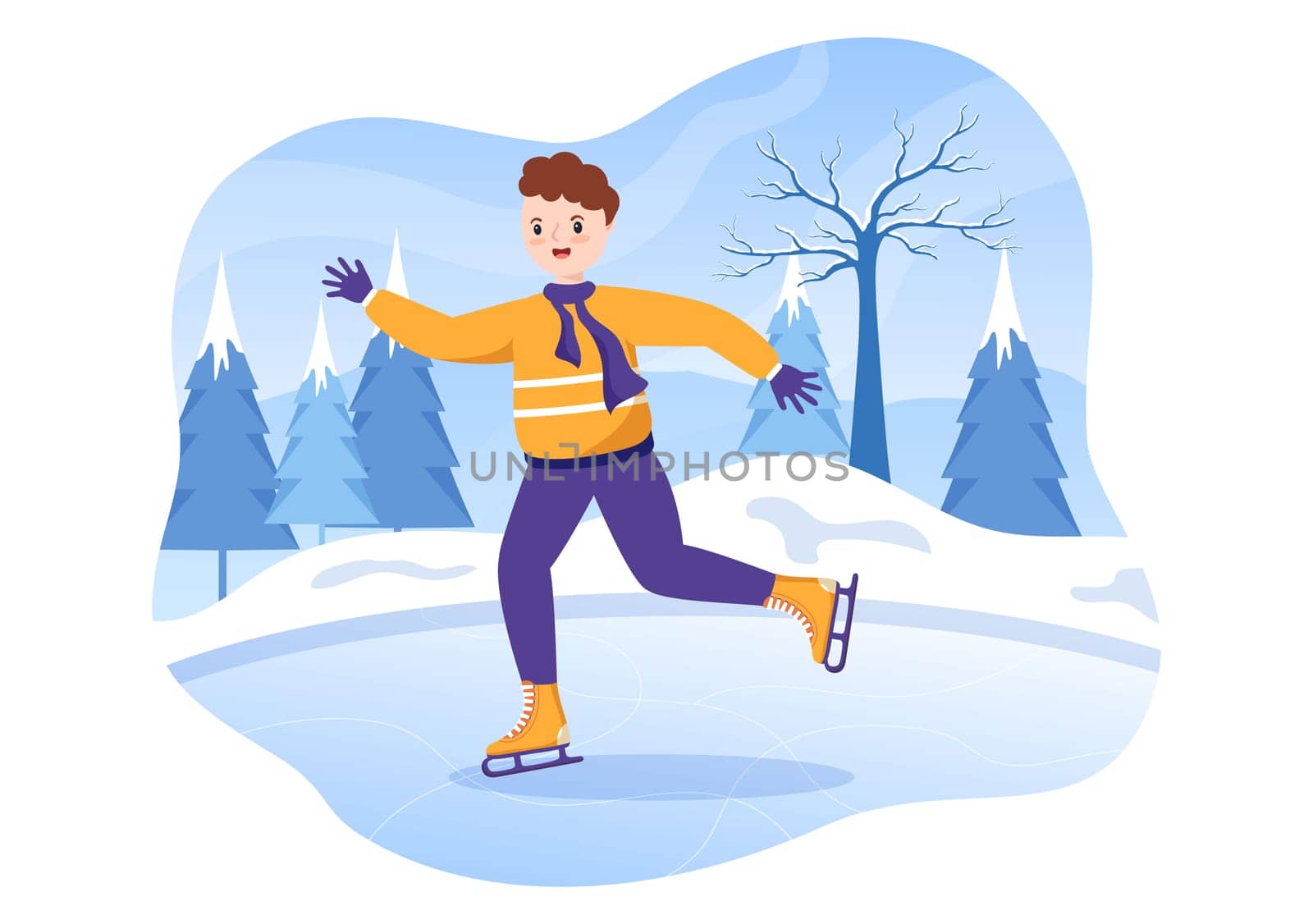 Ice Skating Hand Drawn Cartoon Flat Illustration of Winter Fun Outdoors Sport Activities on Ice Rink with Seasonal Outerwear