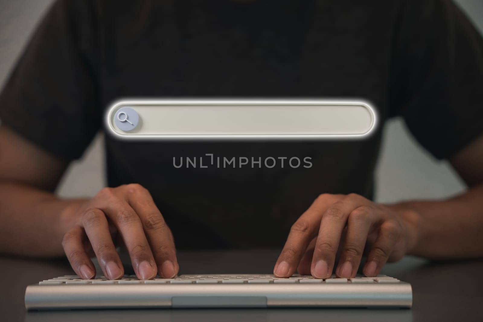 Website search engine information. Man hands typing wireless keyboard to searching information on 3d console bar in network internet website, Technology web address data search optimization career SEO