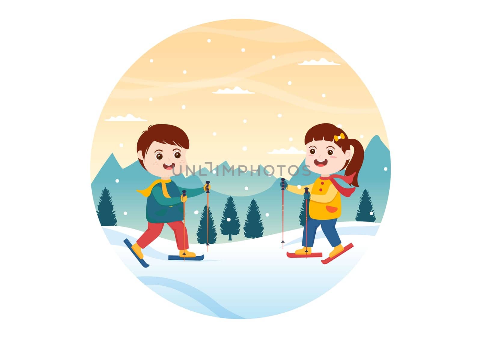 Snowboarding Hand Drawn Cartoon Flat Illustration of Kids in Winter Outfit Sliding and Jumping with Snowboards at Snowy Mountain Sides or Slopes