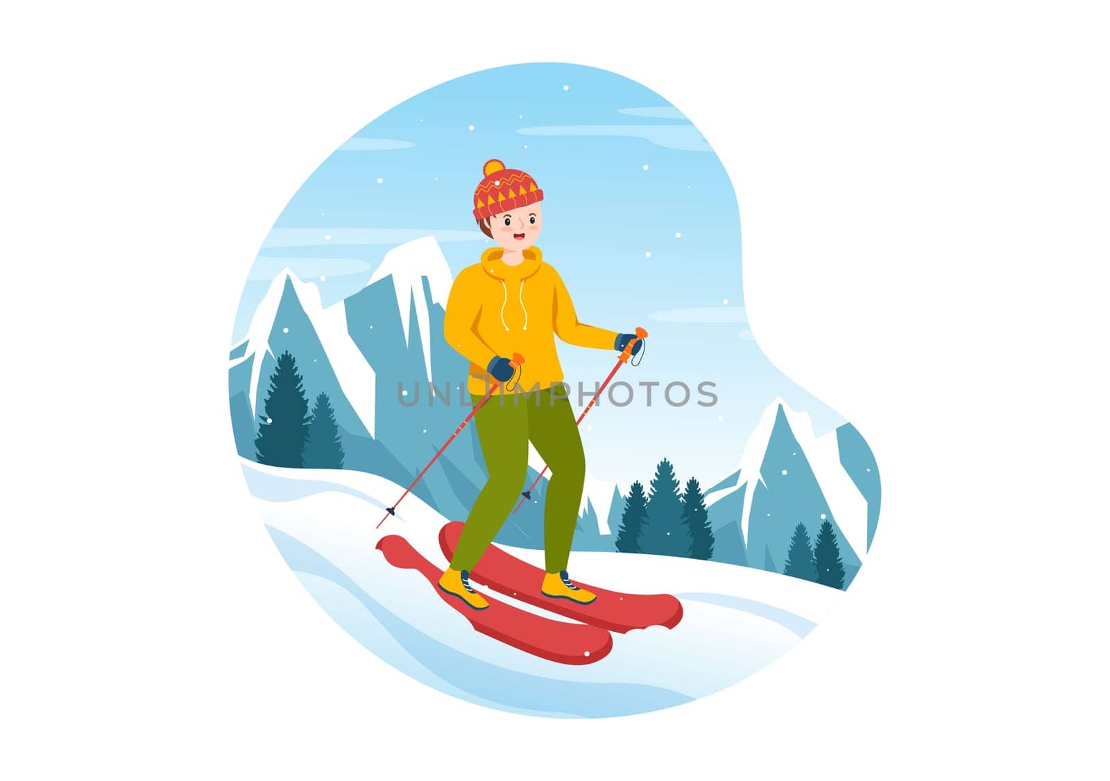 Snowboarding Hand Drawn Cartoon Flat Illustration of People in Winter Outfit Sliding and Jumping with Snowboards at Snowy Mountain Sides or Slopes