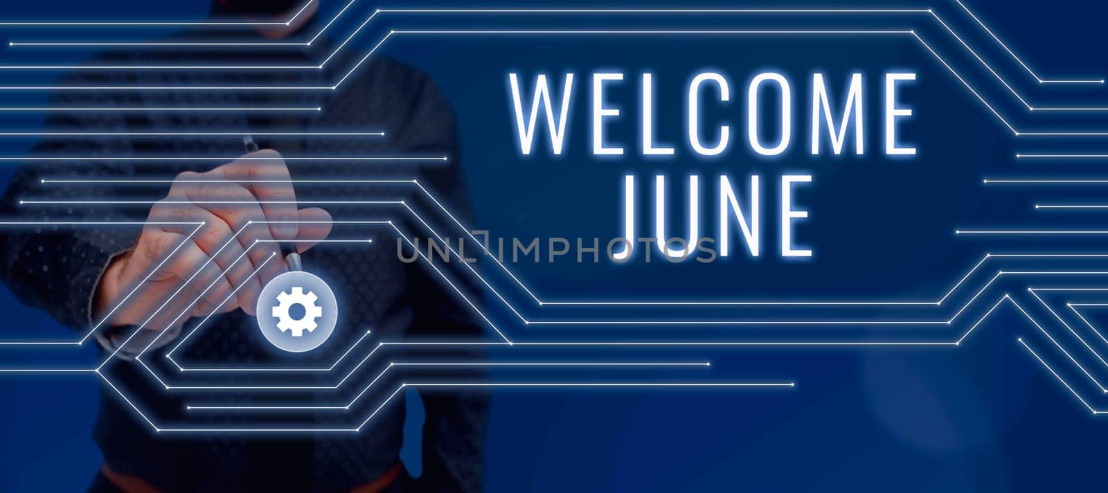 Hand writing sign Welcome June, Internet Concept Calendar Sixth Month Second Quarter Thirty days Greetings Lady in suit holding pen symbolizing successful teamwork accomplishments.