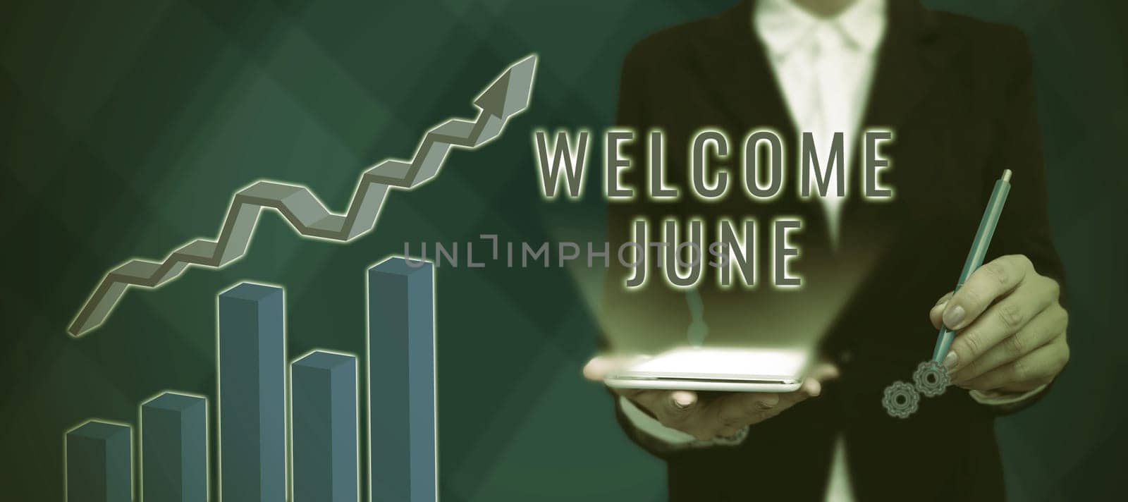 Conceptual display Welcome June, Business concept Calendar Sixth Month Second Quarter Thirty days Greetings Businessman in suit holding open palm symbolizing successful teamwork.