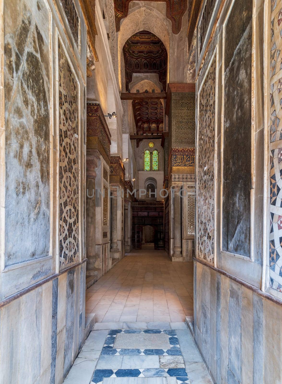 Passage with decorated marble walls at the Mausoleum of Sultan Qalawun, part of Sultan Qalawun Complex, located in Al Moez Street, Old Cairo, Egypt