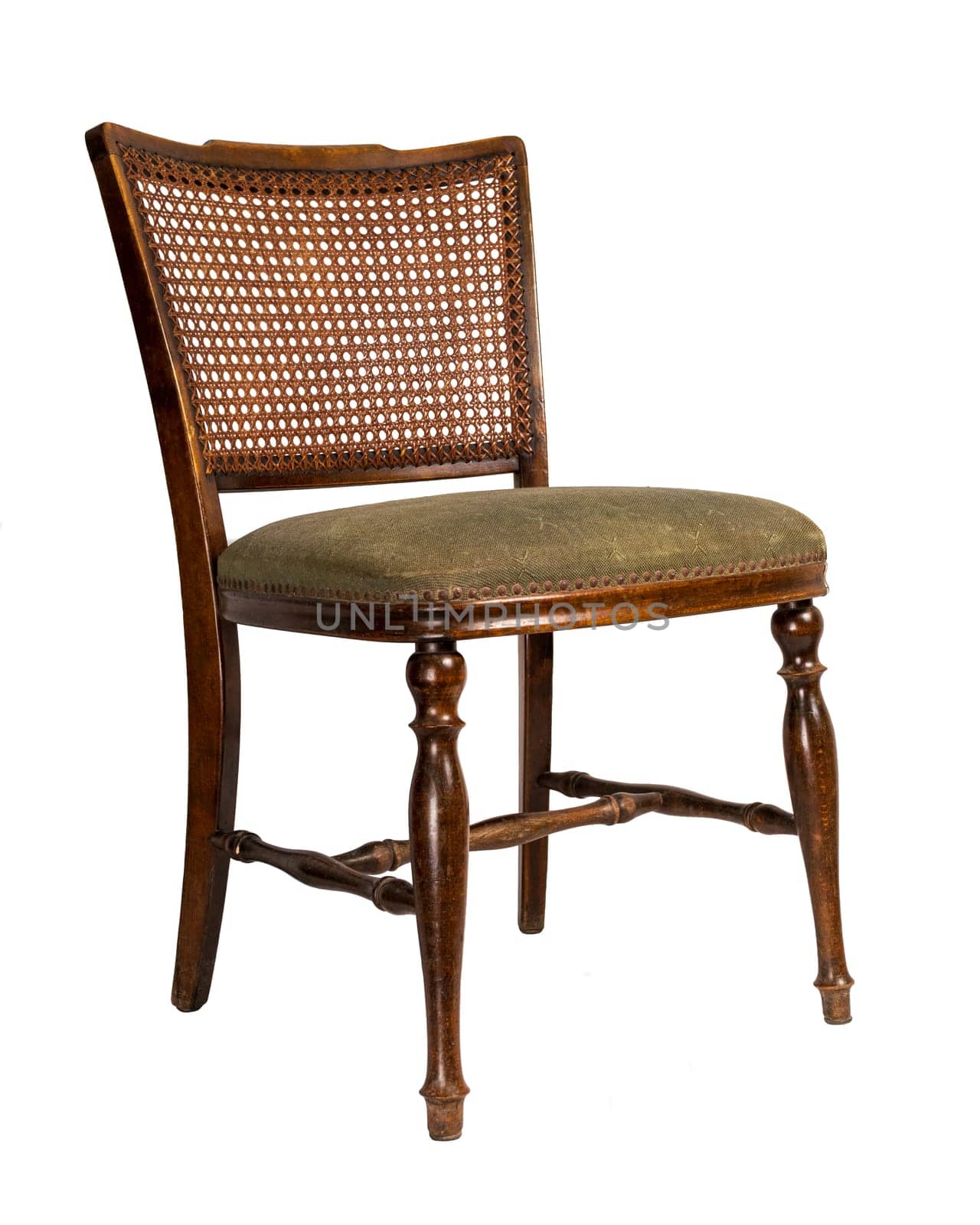 Retro wooden french cane back dining chair isolated on white background including clipping path