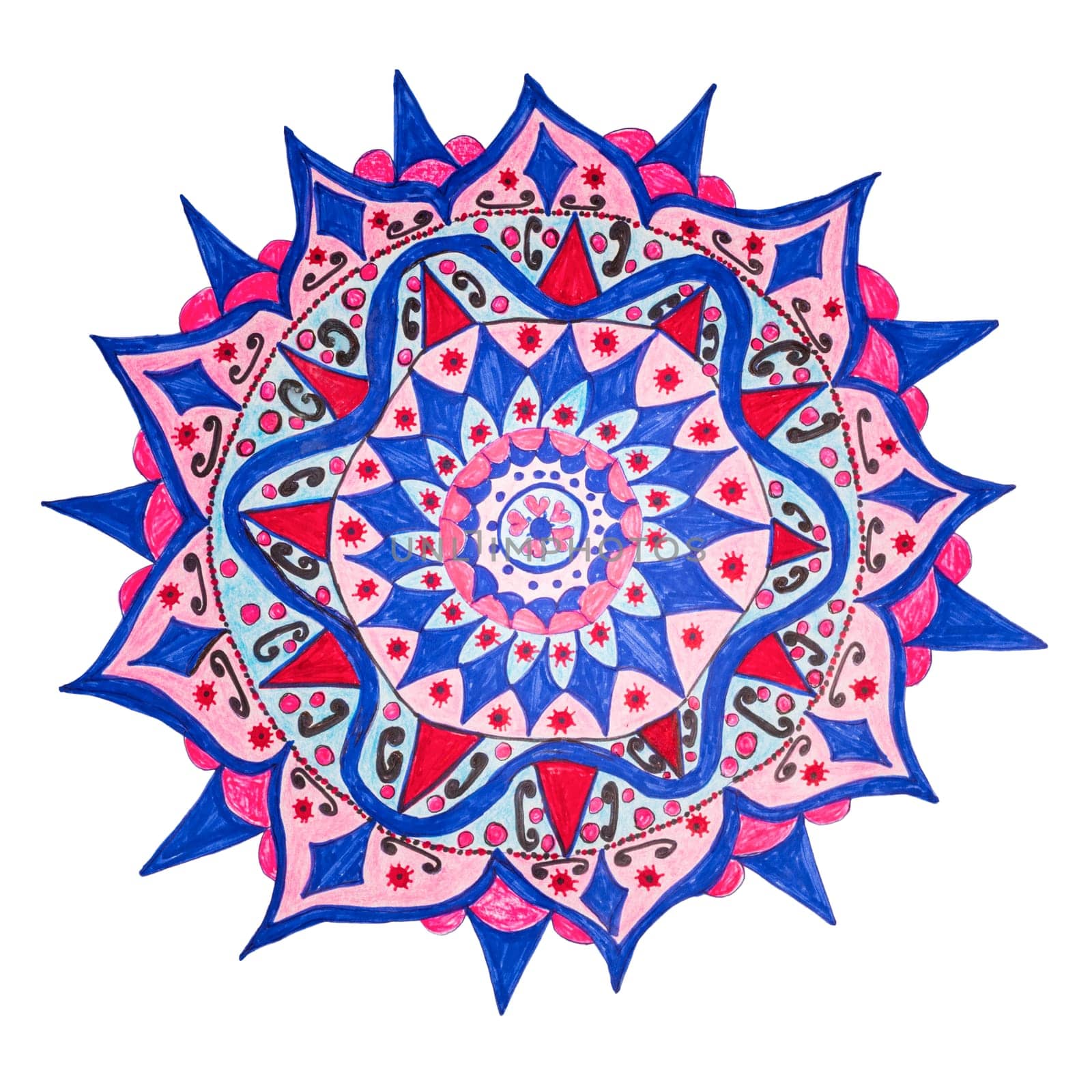 Colorful oriental decorative hand drawn mandala pattern, includes tiny objects resembles Corona Coovid 19 Virus, isolated on white with clipping path